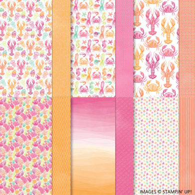 Set of patterned paper sheets with ocean-themed designs and color names.
