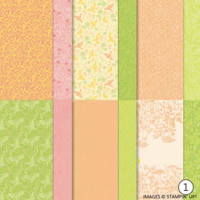 Set of patterned papers in pastel colors with a brand logo and text at the bottom.