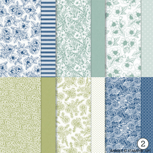 Collection of floral and striped patterns in blue, green, and white.