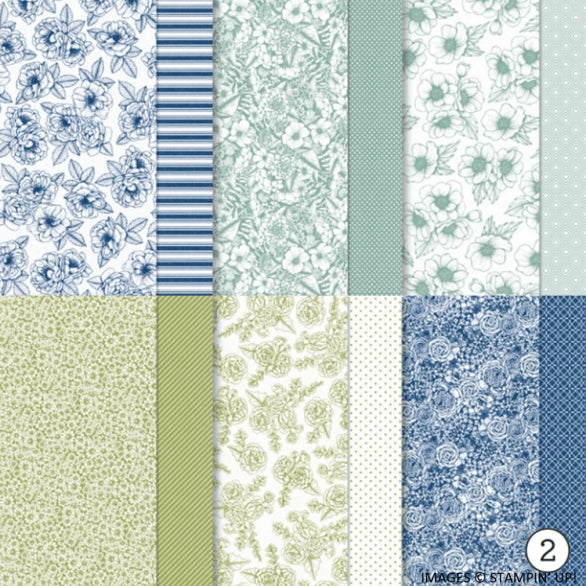 Collection of floral and striped patterns in blue, green, and white.